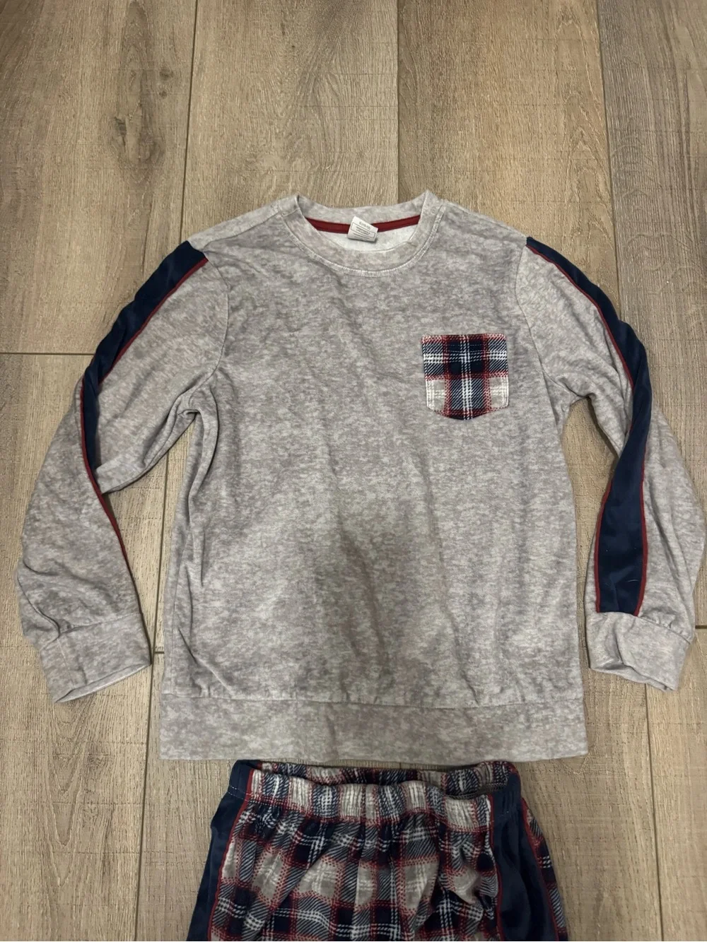 Flame Resistant Gray Top with Navy & Red Plaid Pajama Set